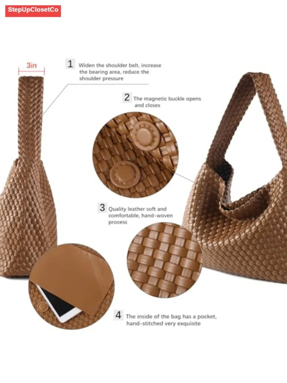 Vegan Leather Woven Hobo Tote Bag with Pouch, Wide Strap, Large Capacity